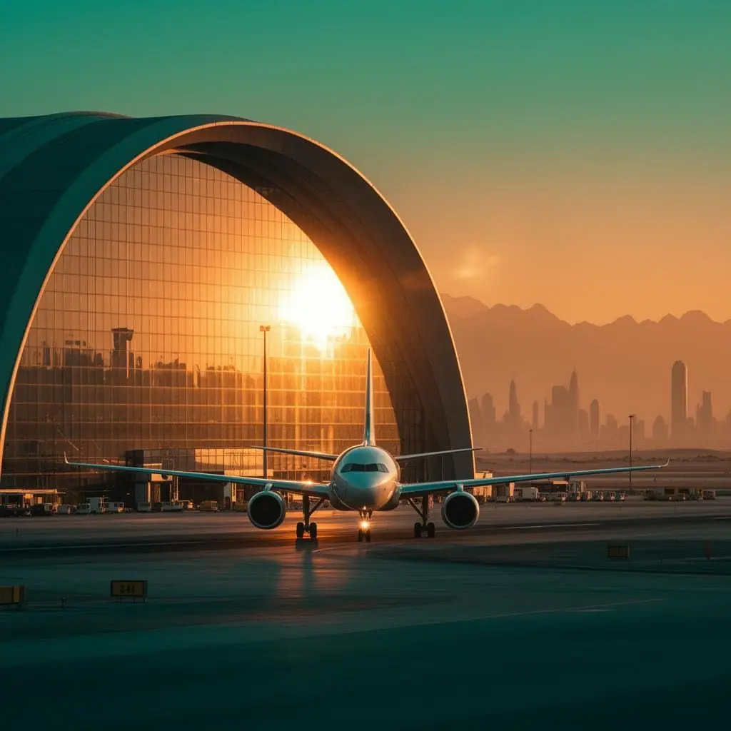 Modern airport terminal at golden hour with airliner on runway
